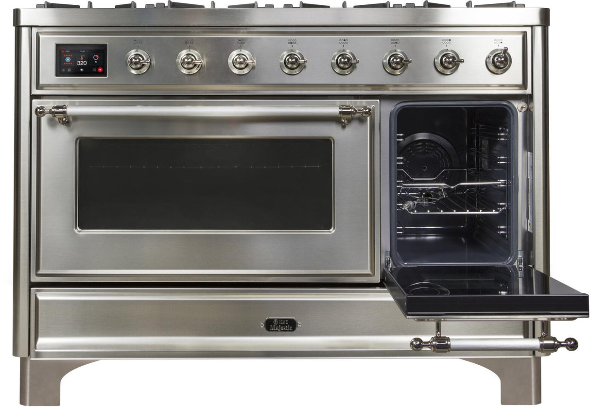 Majestic II 48 Inch Dual Fuel Natural Gas Freestanding Range in Stainless Steel with Chrome Trim