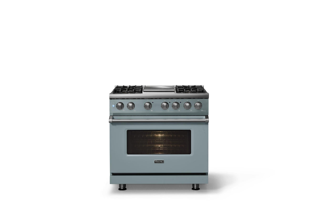 36"W. Dual Fuel Range (Burner: 4g, Finish: November Sky, Trim: Polished Chrome, Fuel: Natural Gas)