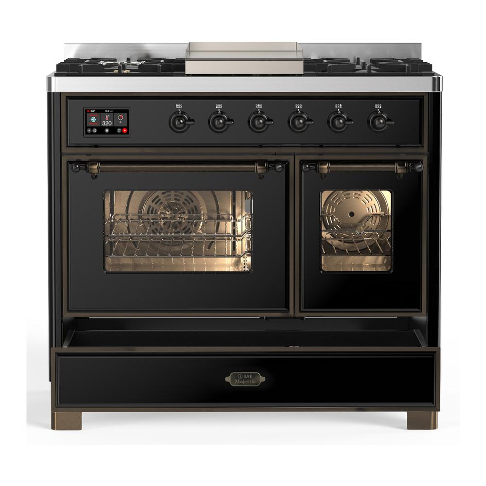 ILVE UMD40FNR3BKB Majestic III 40 inch Dual Fuel Range with 6 Burners and Griddle, Dual Function Burner up to 25,000 BTU (Natural Gas, Triple Glass Door, Glossy Black, Burnished)