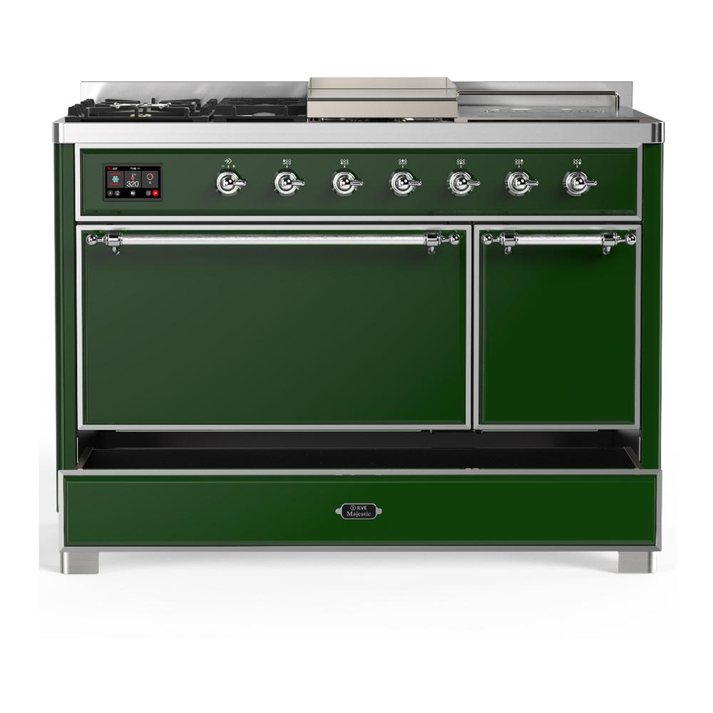 ILVE UM48FSQNR3EGC Majestic III 48 inch Dual Fuel Range with 5 Black Brass Burners, Griddle and French Top, Dual Function Burner up to 25,000 BTU (Natural Gas, Solid Door, Emerald Green, Chrome)