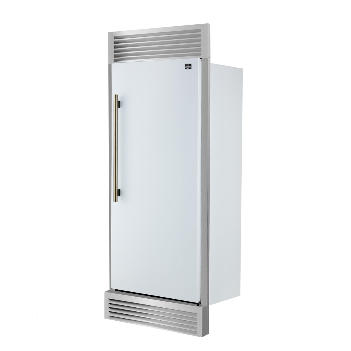 Forno Maderno 28-Inch Built-In Convertible Refrigerator in White with Antique Brass Handle, 13.6 cu.ft. Right Swing with Decorative Trim - 32-Inch Wide