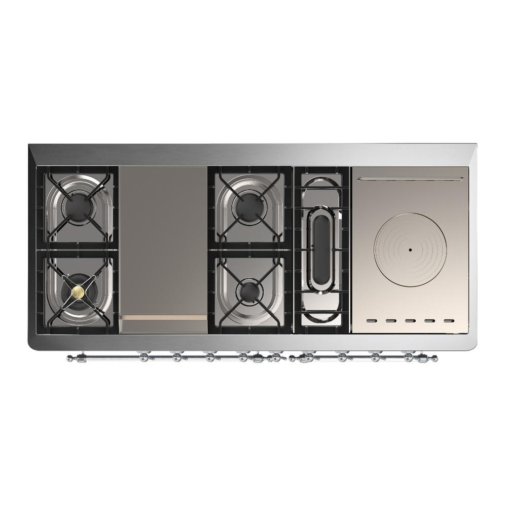 ILVE UM60FSQNR3SSCLP Majestic III 60 inch Dual Fuel Range with 7 Burners, Griddle and French Top, Dual Function Burner with up to 25,000 BTU (Liquid Propane, Solid Door, Stainless Steel, Chrome)