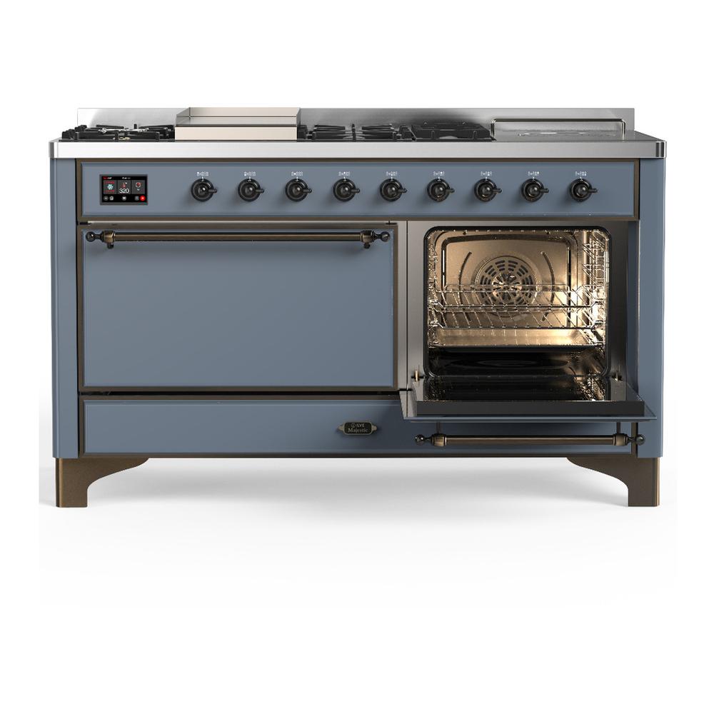 ILVE UM60FSQNR3BGBLP Majestic III 60 inch Dual Fuel Range with 7 Burners, Griddle and French Top, Dual Function Burner with up to 25,000 BTU (Liquid Propane, Solid Door, Blue Grey, Burnished)