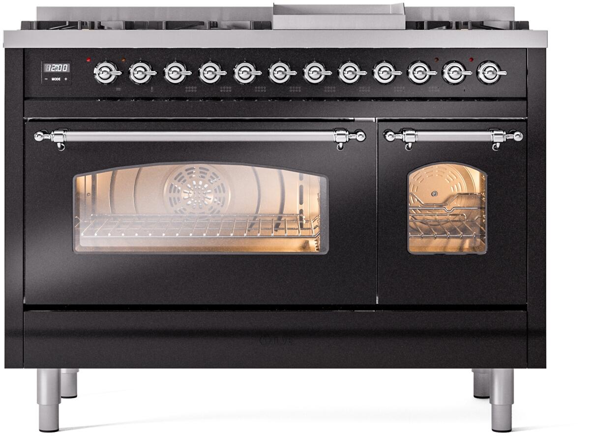 Nostalgie II 48 Inch Dual Fuel Natural Gas Freestanding Range in Glossy Black with Chrome Trim