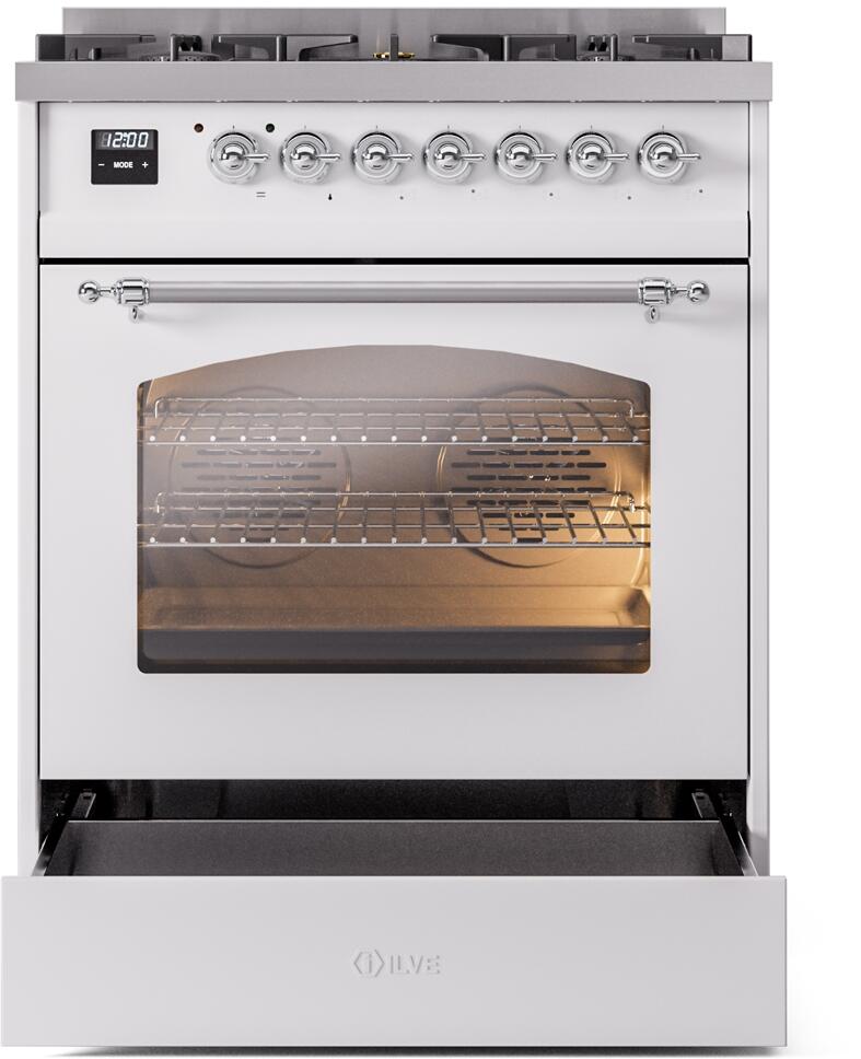 Nostalgie II 30 Inch Dual Fuel Natural Gas Freestanding Range in White with Chrome Trim
