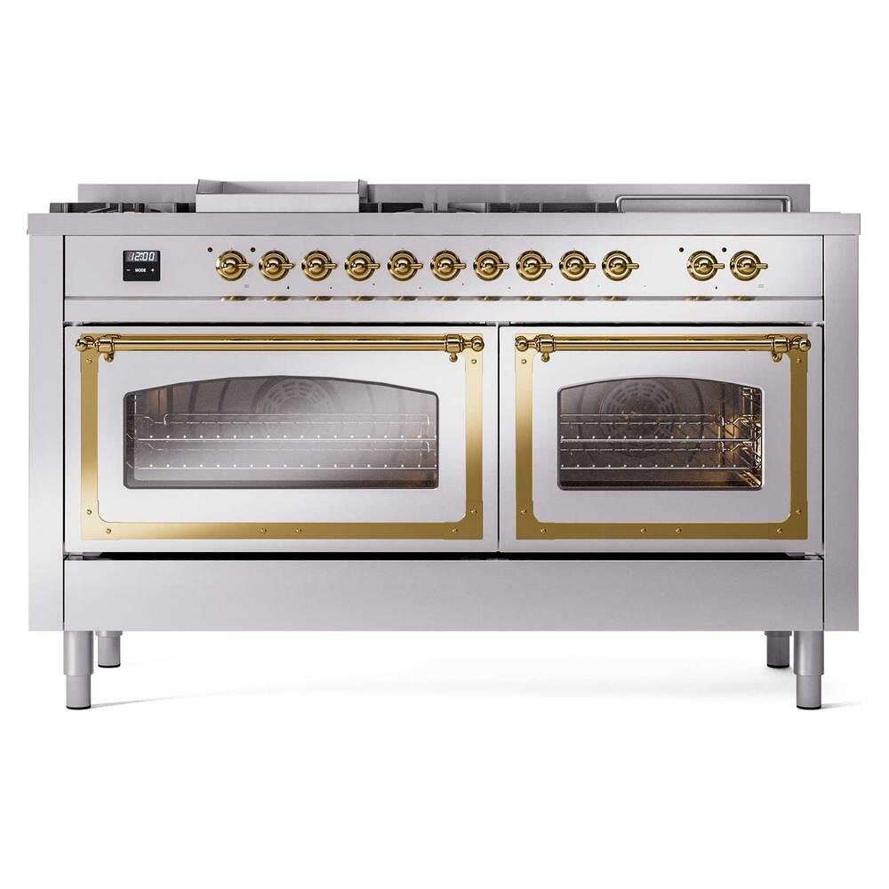 ILVE UN60FSNMPSSG Nostalgie II Noblesse 60 inch Dual Fuel Range (7 Sealed Burners + Griddle + French Top, Natural Gas, Triple Glass Door, Stainless Steel, Brass)