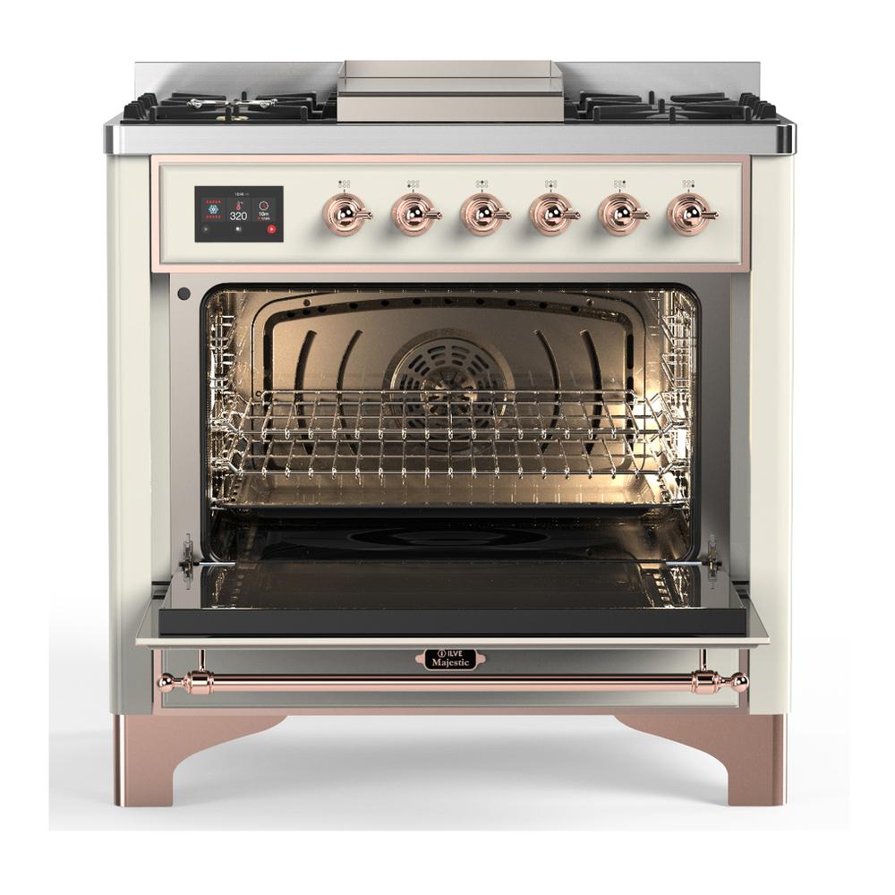 ILVE UM36FNR3AWPLP Majestic III 36 inch Dual Fuel Range with 6 Black Brass Burners and Griddle, Dual Function Burner up to 25,000 BTU (Triple Glass Door, Antique White, Copper, Liquid Propane)
