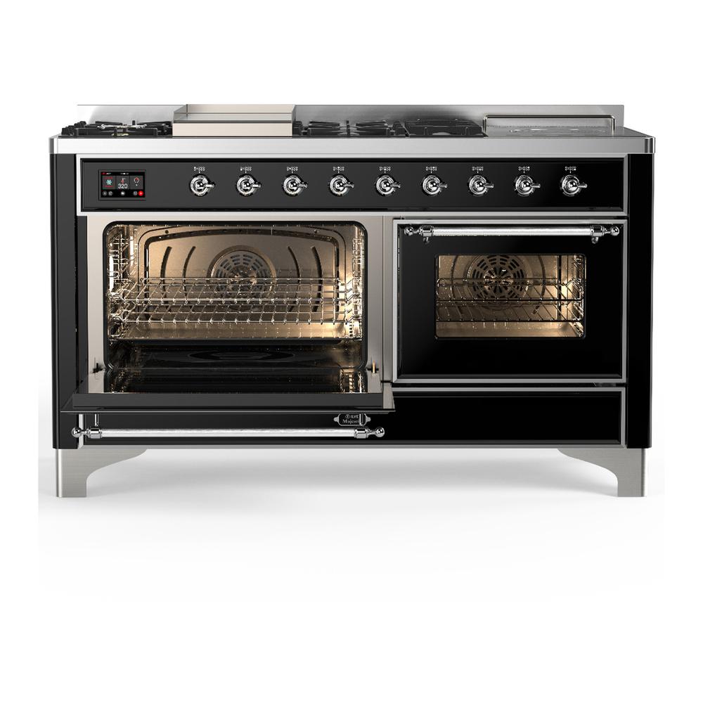 ILVE UM60FSNR3BKCLP Majestic III 60 inch Dual Fuel Range with 7 Burners, Griddle and French Top, Dual Function Burner with up to 25,000 BTU (Liquid Propane, Triple Glass Door, Glossy Black, Chrome)