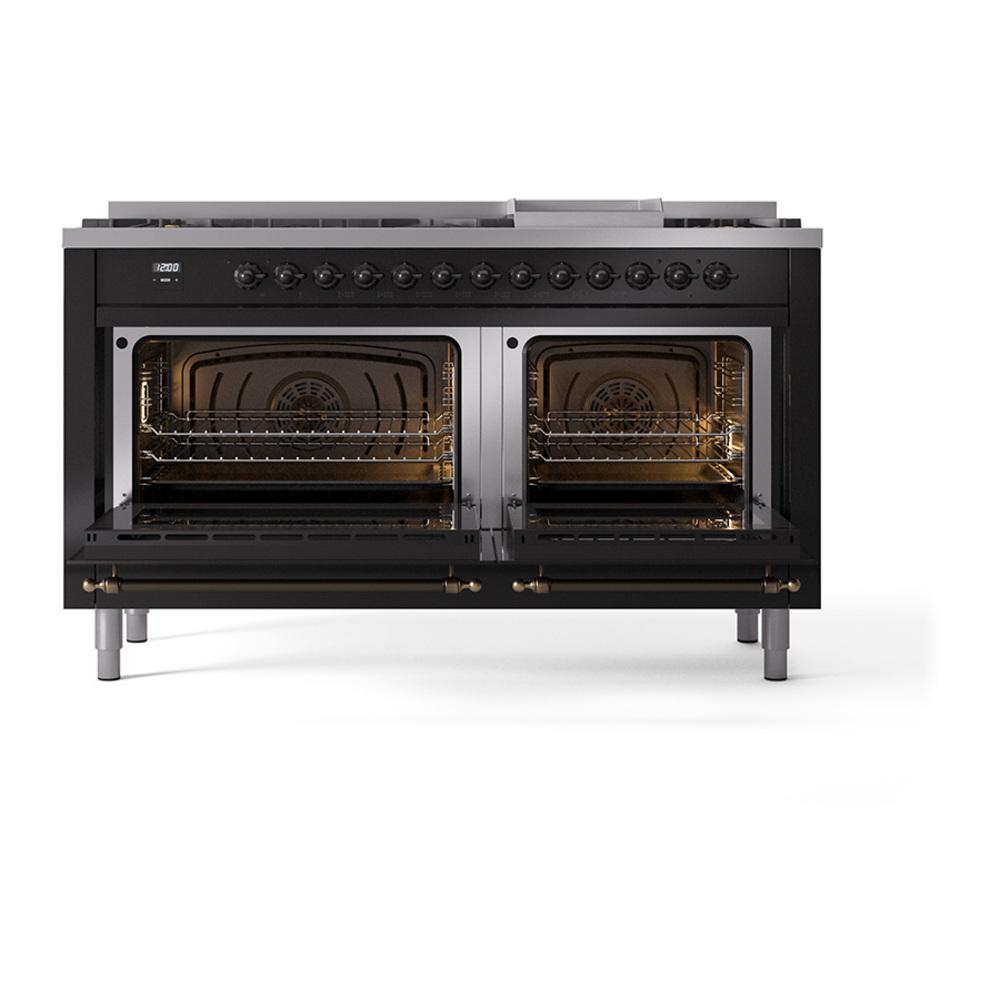 ILVE UN60FQNMPBKBLP Nostalgie II Noblesse 60 inch Dual Fuel Range (9 Sealed Burners + Griddle, Liquid Propane, Solid Door, Glossy Black, Burnished)