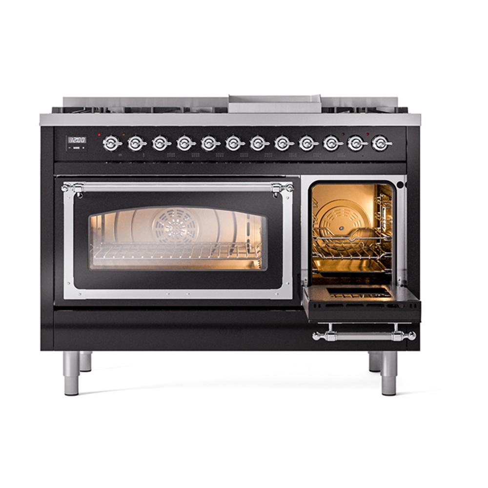 ILVE UN48FNMPBKC Nostalgie II Noblesse 48 inch Dual Fuel Range (8 Sealed Burners + Griddle, Natural Gas, Triple Glass Door, Glossy Black, Chrome)