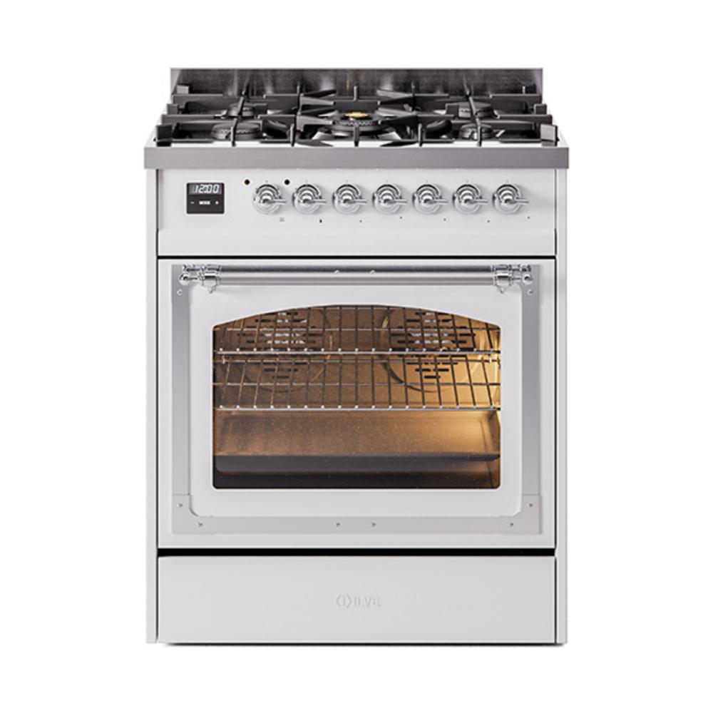 ILVE UN30NMPWHCLP Nostalgie II Noblesse 30 inch Dual Fuel Range (Liquid Propane, Triple Glass Door, White, Chrome)