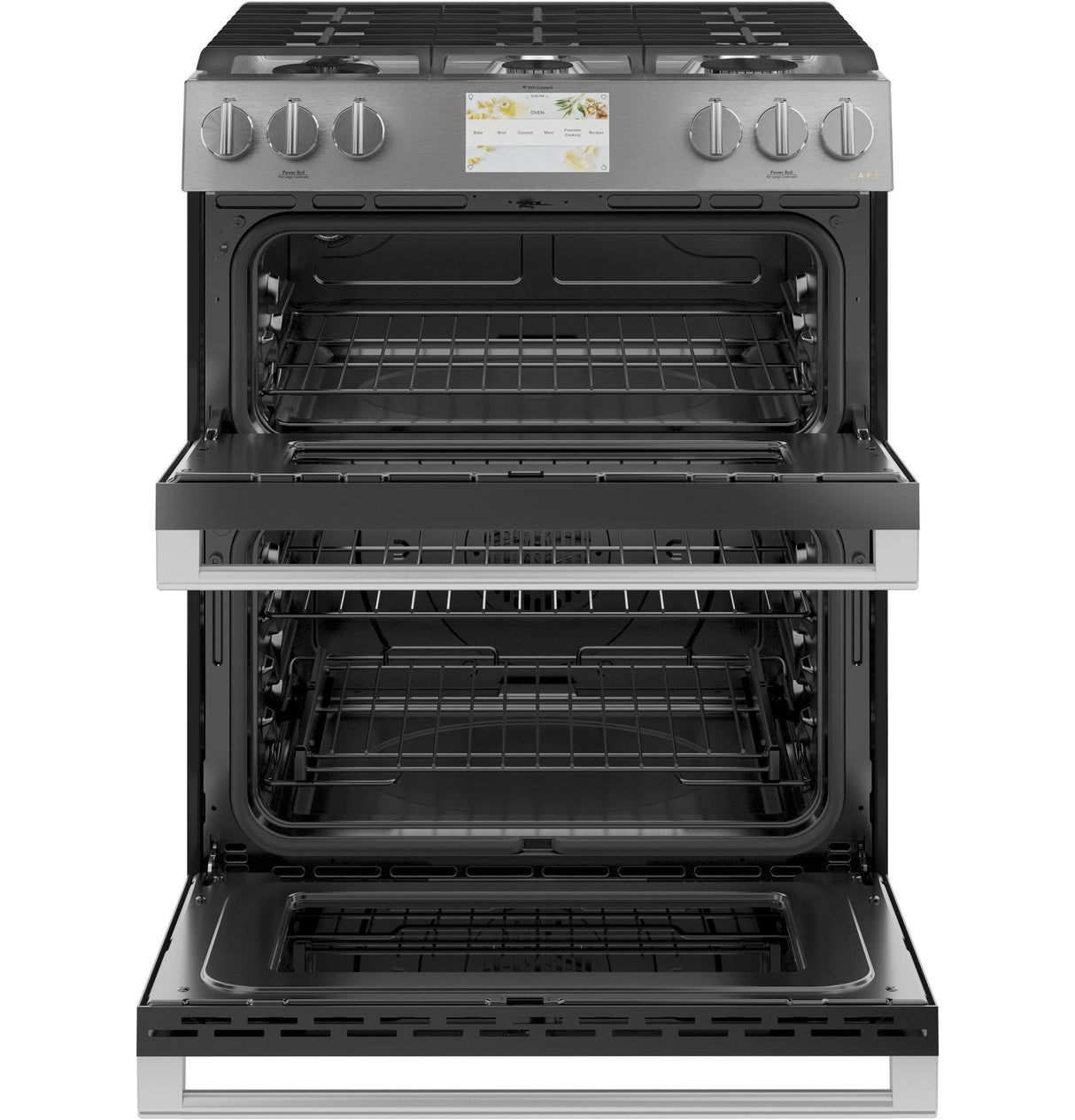 CAF(EBACK)™ 30" Smart Slide-In, Front-Control, Dual-Fuel, Double-Oven Range with Convection in Platinum Glass