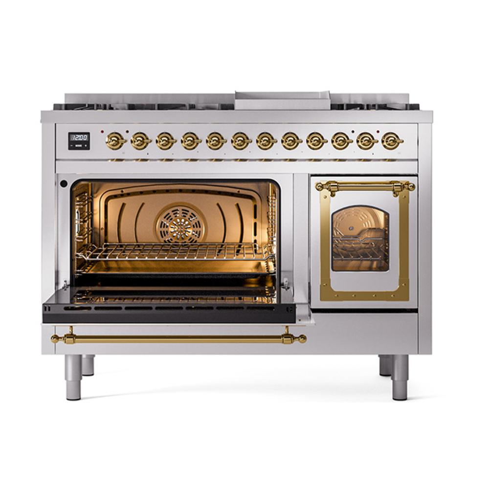 ILVE UN48FNMPSSGLP Nostalgie II Noblesse 48 inch Dual Fuel Range (8 Sealed Burners + Griddle, Liquid Propane, Triple Glass Door, Stainless Steel, Brass)