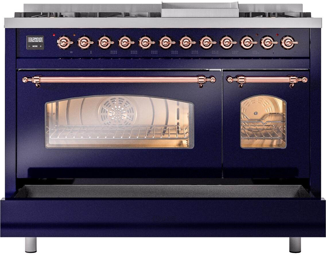 Nostalgie II 48 Inch Dual Fuel Liquid Propane Freestanding Range in Blue with Copper Trim
