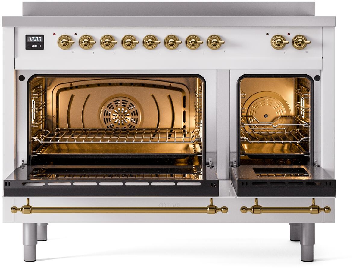Nostalgie II 48 Inch Electric Freestanding Range in White with Brass Trim