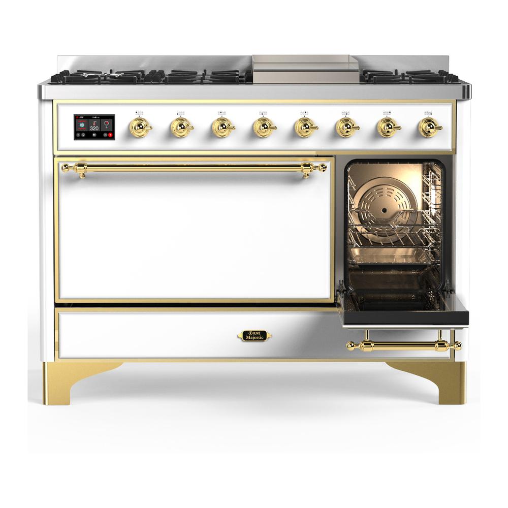 ILVE UM48FQNR3WHGLP Majestic III 48 inch Dual Fuel Range with 8 Burners and Griddle, Dual Function Burner up to 25,000 BTU (Liquid Propane, Solid Door, White, Brass)