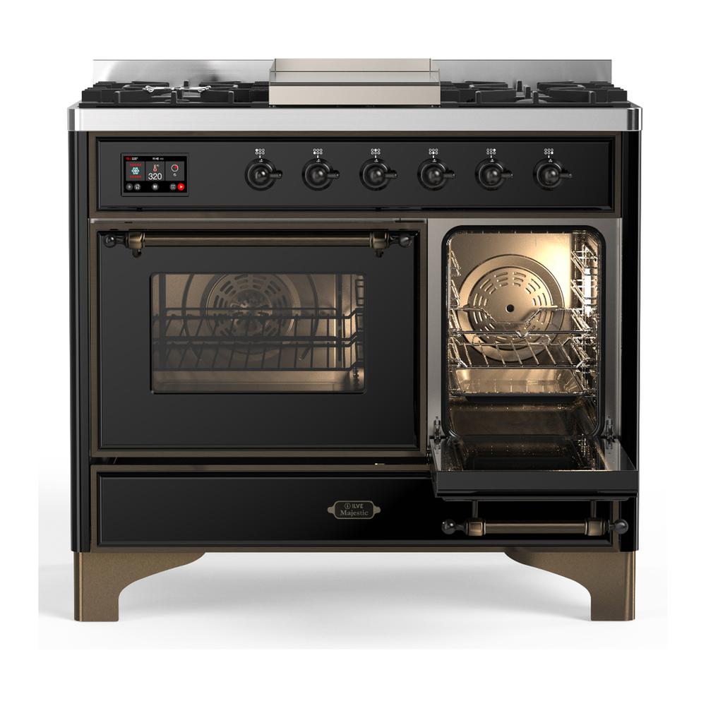 ILVE UMD40FNR3BKBLP Majestic III 40 inch Dual Fuel Range with 6 Burners and Griddle, Dual Function Burner up to 25,000 BTU (Liquid Propane, Triple Glass Door, Glossy Black, Burnished)