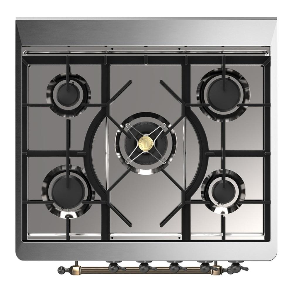 ILVE UM30QNR3BGBLP Majestic III 30 inch Dual Fuel Range with 5 Black Brass Burners, Dual Function Burner up to 25,000 BTU (Liquid Propane, Solid Door, Blue Grey, Burnished)