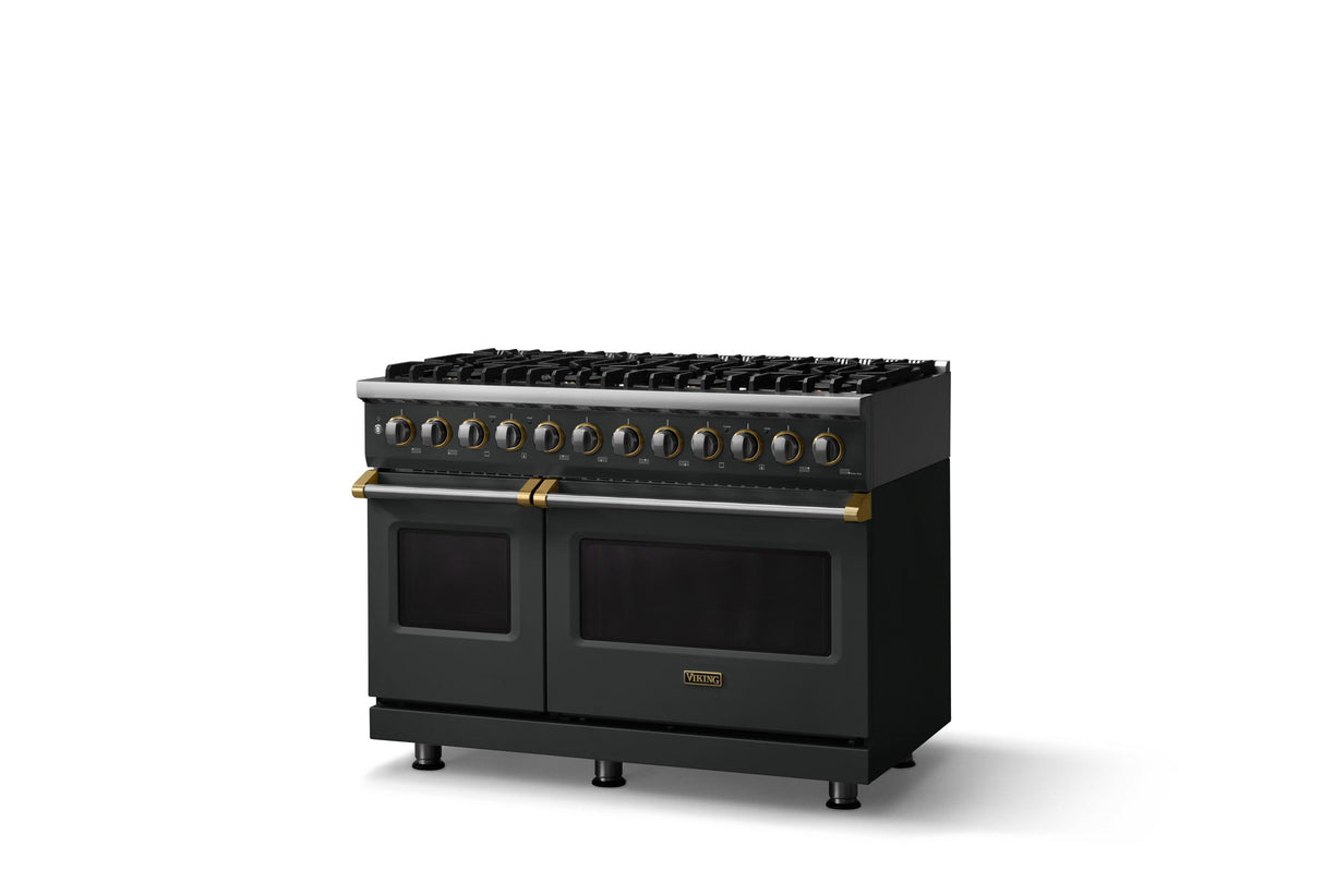 48"W. Dual Fuel Range (Burner: 8b, Finish: Antique Bronze, Trim: Brushed Brass, Fuel: Natural Gas)