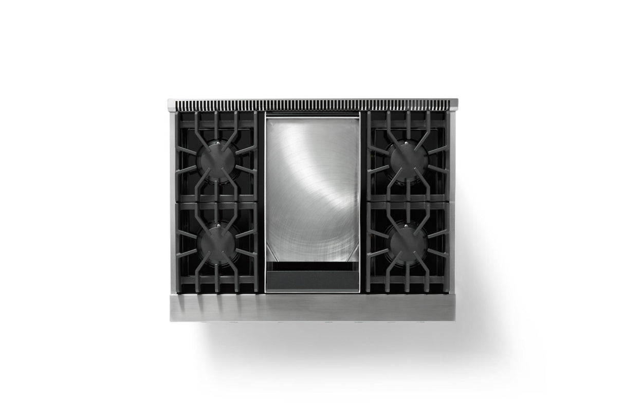 36"W. Sealed Burner Gas Range (Burner: 4g, Finish: November Sky, Trim: Brushed Brass, Fuel: Propane)