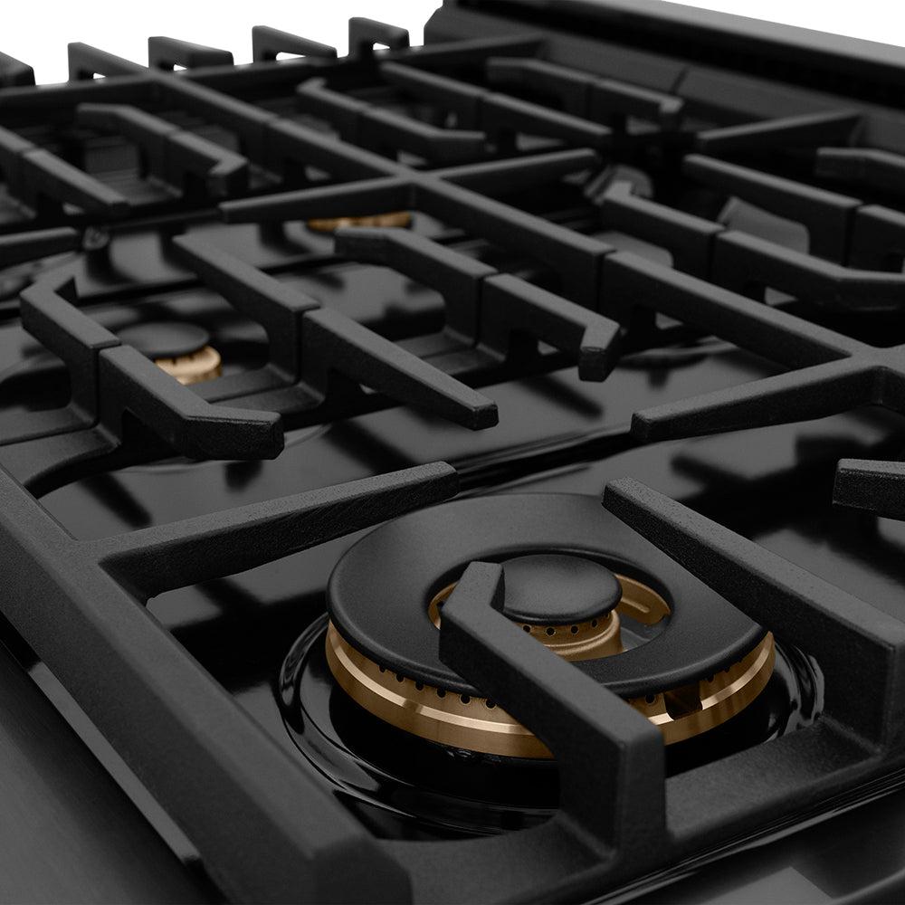 ZLINE Autograph Edition 36 in. 5.2 cu. ft. Paramount Dual Fuel Range with 6 Burner Gas Cooktop and Electric Convection Oven in Black Stainless Steel with Champagne Bronze Helix Handle and Knob Accents (SDRBZ-36-KCB)