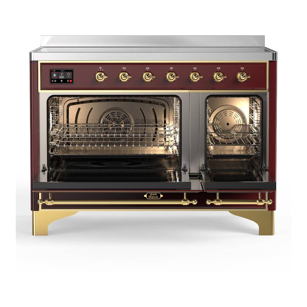 ILVE UMIB48QNR3BUG Majestic III 48 inch Induction Range with 6 Elements, 5.02 cu. ft. Total Oven Capacity (Solid Door, Burgundy, Brass)