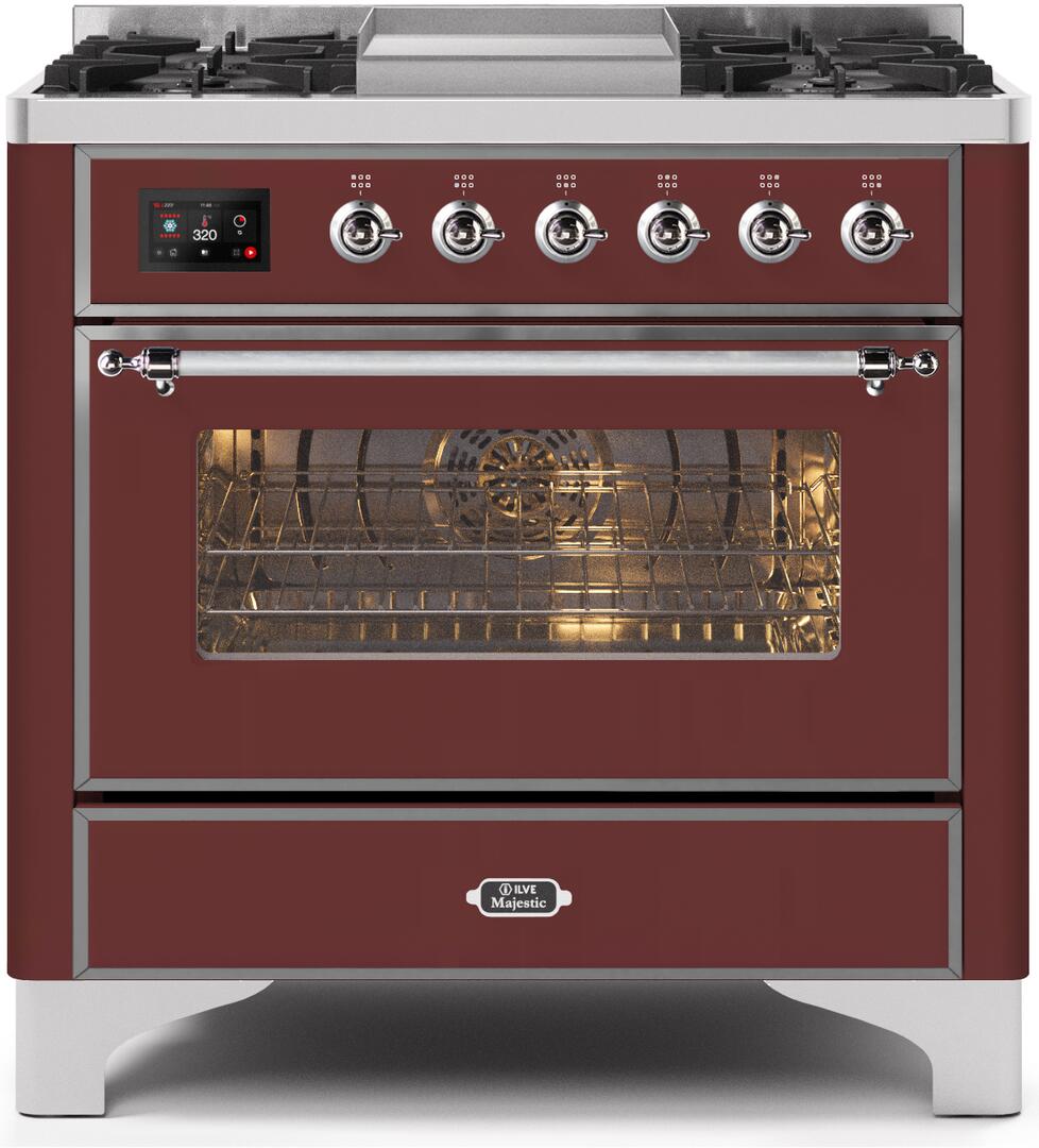 Majestic II 36 Inch Dual Fuel Natural Gas Freestanding Range in Burgundy with Chrome Trim