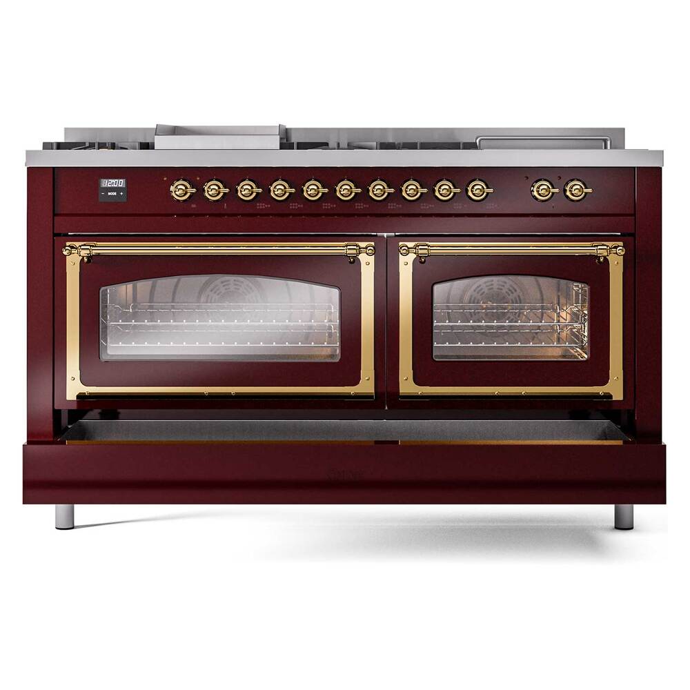 ILVE UN60FSNMPBUGLP Nostalgie II Noblesse 60 inch Dual Fuel Range (7 Sealed Burners + Griddle + French Top, Liquid Propane, Triple Glass Door, Burgundy, Brass)