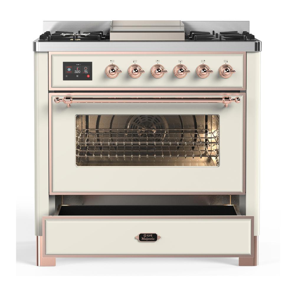 ILVE UM36FNR3AWPLP Majestic III 36 inch Dual Fuel Range with 6 Black Brass Burners and Griddle, Dual Function Burner up to 25,000 BTU (Triple Glass Door, Antique White, Copper, Liquid Propane)