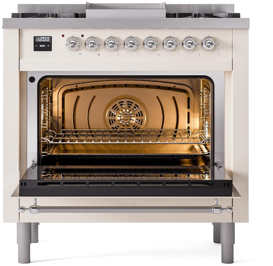 Nostalgie II 36 Inch Dual Fuel Natural Gas Freestanding Range in Antique White with Chrome Trim