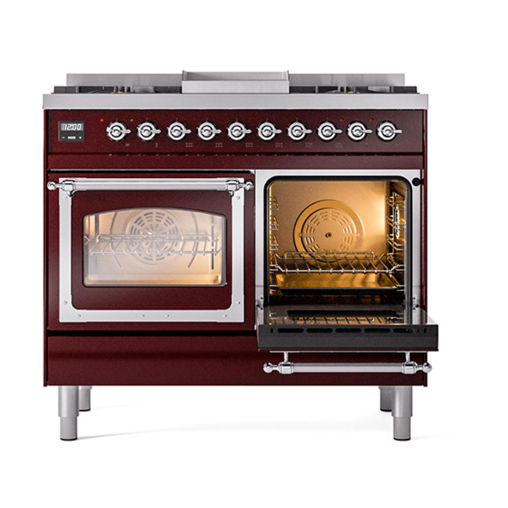 ILVE UND40FNMPBUC Nostalgie II Noblesse 40 inch Dual Fuel Range (Natural Gas, Triple Glass Door, Burgundy, Chrome)