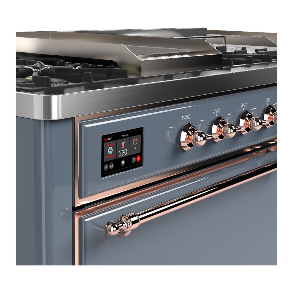 ILVE UM60FSQNR3BGP Majestic III 60 inch Dual Fuel Range with 7 Burners, Griddle and French Top, Dual Function Burner with up to 25,000 BTU (Natural Gas, Solid Door, Blue Grey, Copper)