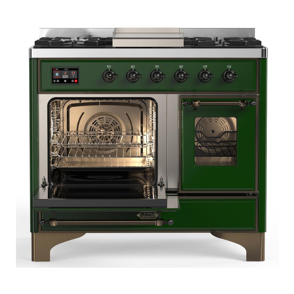 ILVE UMD40FNR3EGBLP Majestic III 40 inch Dual Fuel Range with 6 Burners and Griddle, Dual Function Burner up to 25,000 BTU (Liquid Propane, Triple Glass Door, Emerald Green, Burnished)