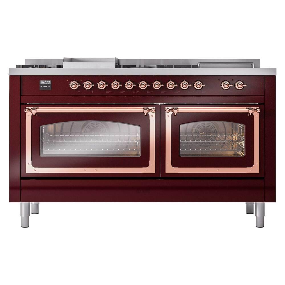 ILVE UN60FSNMPBUPLP Nostalgie II Noblesse 60 inch Dual Fuel Range (7 Sealed Burners + Griddle + French Top, Liquid Propane, Triple Glass Door, Burgundy, Copper)