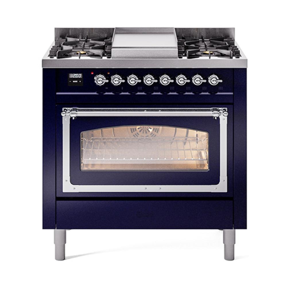 ILVE UN36FNMPMBC Nostalgie II Noblesse 36 inch Dual Fuel Range (Natural Gas, Triple Glass Door, Midnight Blue, Chrome)