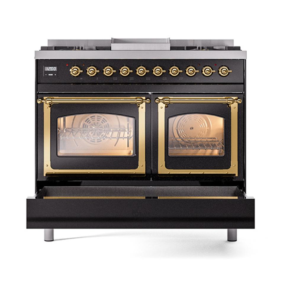 ILVE UND40FNMPBKG Nostalgie II Noblesse 40 inch Dual Fuel Range (Natural Gas, Triple Glass Door, Glossy Black, Brass)