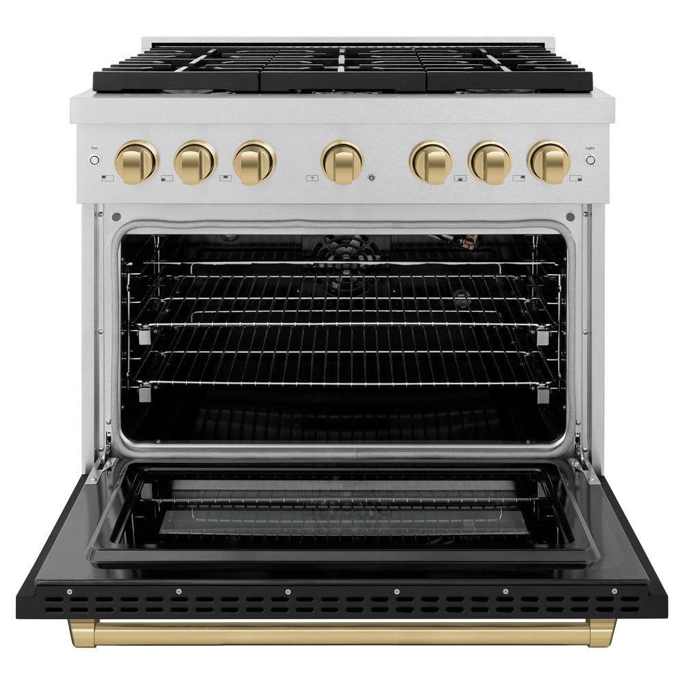 ZLINE Autograph Edition 36 in. 5.2 cu. ft. Paramount Dual Fuel Range with 6 Burner Gas Cooktop and Electric Convection Oven in DuraSnow' Stainless Steel with Black Matte Door and Champagne Bronze Accents (SDRSZ-BLM-36-CB)