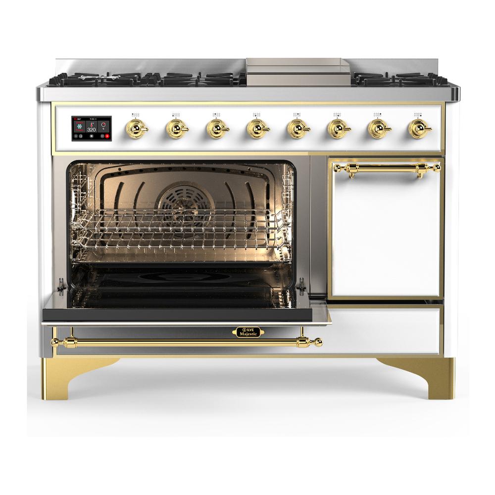 ILVE UM48FQNR3WHGLP Majestic III 48 inch Dual Fuel Range with 8 Burners and Griddle, Dual Function Burner up to 25,000 BTU (Liquid Propane, Solid Door, White, Brass)