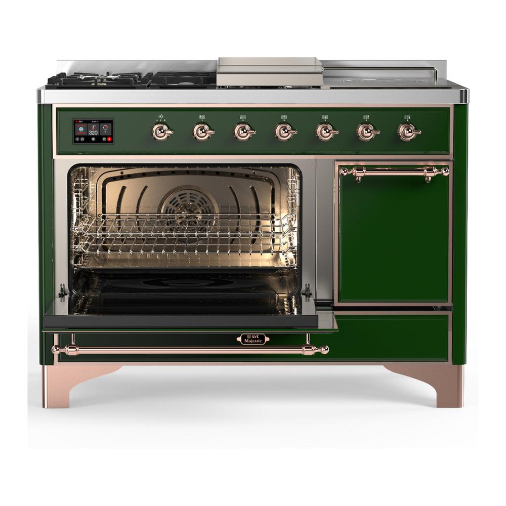 ILVE UM48FSQNR3EGPLP Majestic III 48 inch Dual Fuel Range with 5 Black Brass Burners, Griddle and French Top, Dual Function Burner up to 25,000 BTU (Liquid Propane, Solid Door, Emerald Green, Copper)
