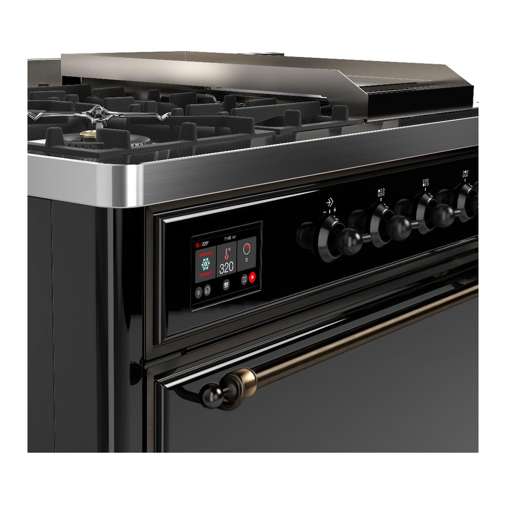ILVE UM48FSQNR3BKB Majestic III 48 inch Dual Fuel Range with 5 Black Brass Burners, Griddle and French Top, Dual Function Burner up to 25,000 BTU (Natural Gas, Solid Door, Glossy Black, Burnished)