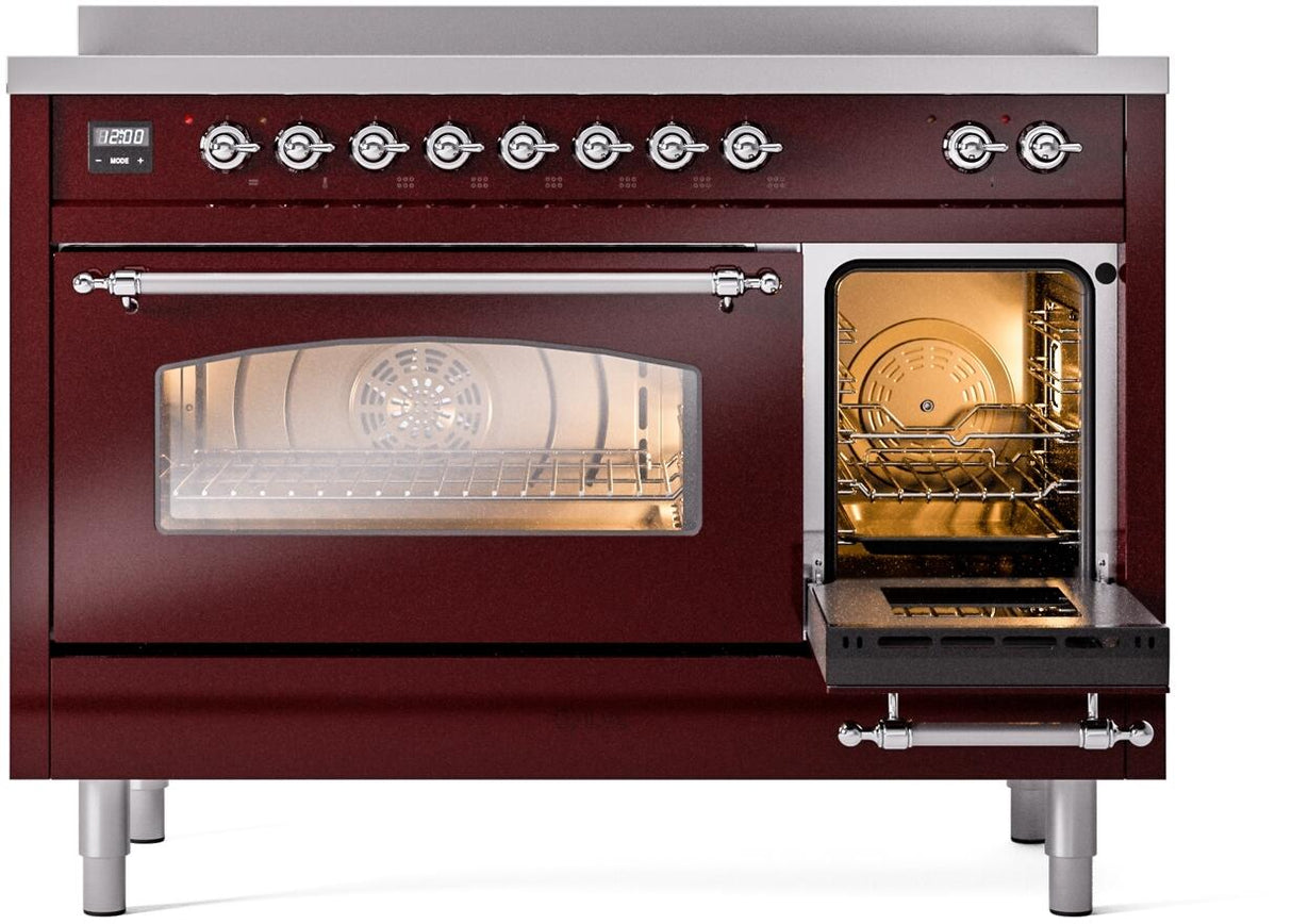 Nostalgie II 48 Inch Electric Freestanding Range in Burgundy with Chrome Trim