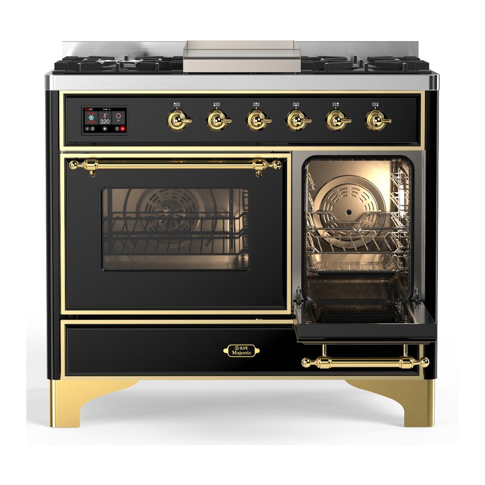 ILVE UMD40FNR3BKG Majestic III 40 inch Dual Fuel Range with 6 Burners and Griddle, Dual Function Burner up to 25,000 BTU (Natural Gas, Triple Glass Door, Glossy Black, Brass)