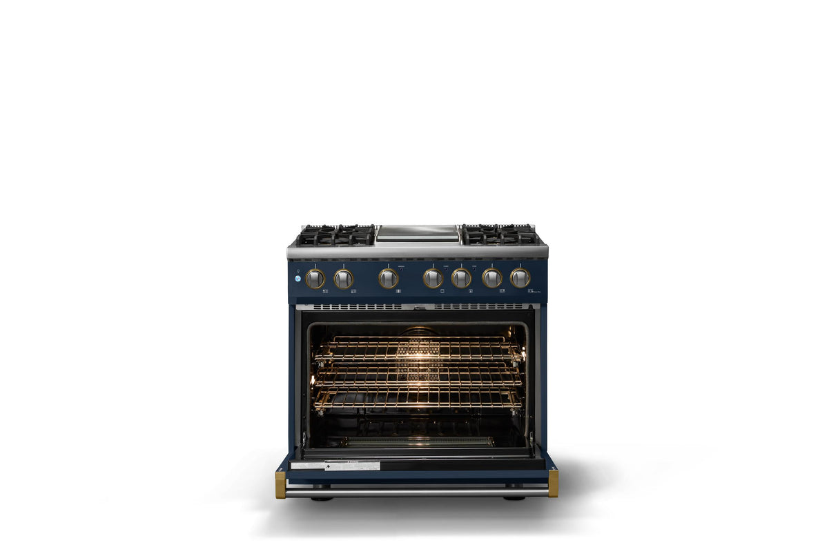 36"W. Dual Fuel Range (Burner: 4g, Finish: Slate Blue, Trim: Brushed Brass, Fuel: Natural Gas)