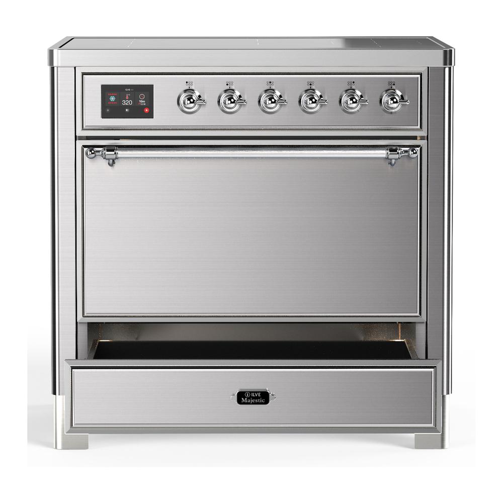 ILVE UMIB36QNR3SSC Majestic III 36 inch Induction Range with 6 Elements, 3.5 cu. ft. Total Oven Capacity (Solid Door, Stainless Steel, Chrome)