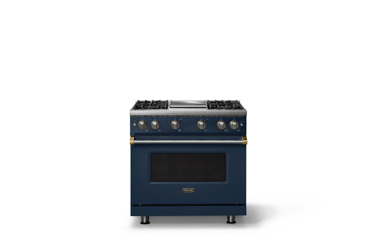 36"W. Sealed Burner Gas Range (Burner: 4g, Finish: Slate Blue, Trim: Brushed Brass, Fuel: Propane)