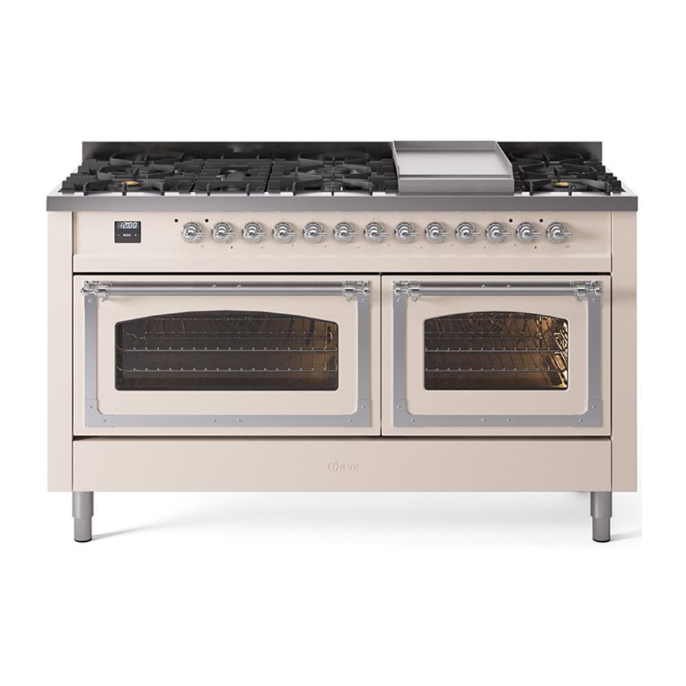 ILVE UN60FNMPAWC Nostalgie II Noblesse 60 inch Dual Fuel Range (9 Sealed Burners + Griddle, Natural Gas, Triple Glass Door, Antique White, Chrome)