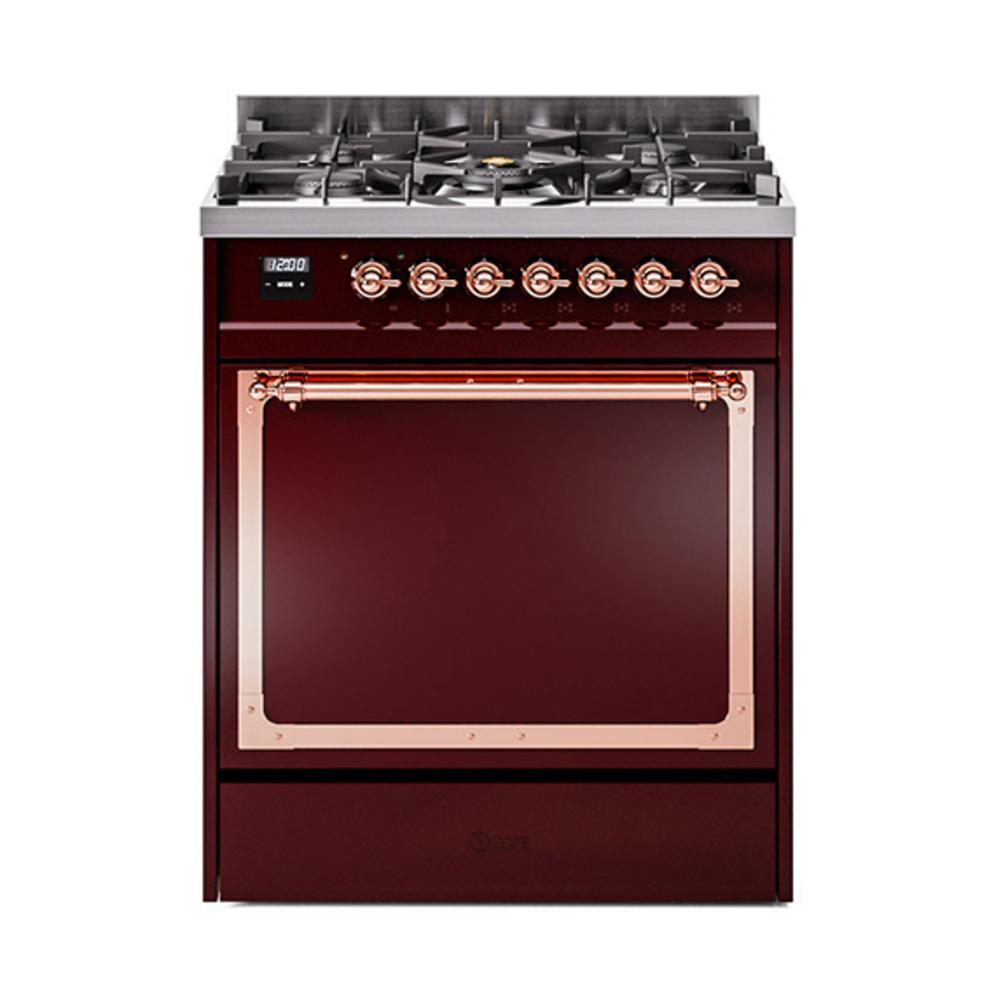 ILVE UN30QNMPBUP Nostalgie II Noblesse 30 inch Dual Fuel Range (Natural Gas, Solid Door, Burgundy, Copper)