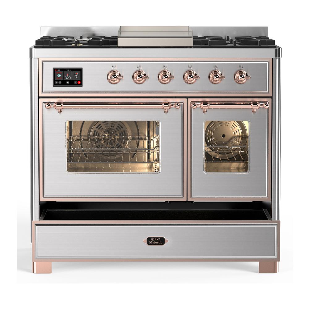 ILVE UMD40FNR3SSPLP Majestic III 40 inch Dual Fuel Range with 6 Burners and Griddle, Dual Function Burner up to 25,000 BTU (Liquid Propane, Triple Glass Door, Stainless Steel, Copper)