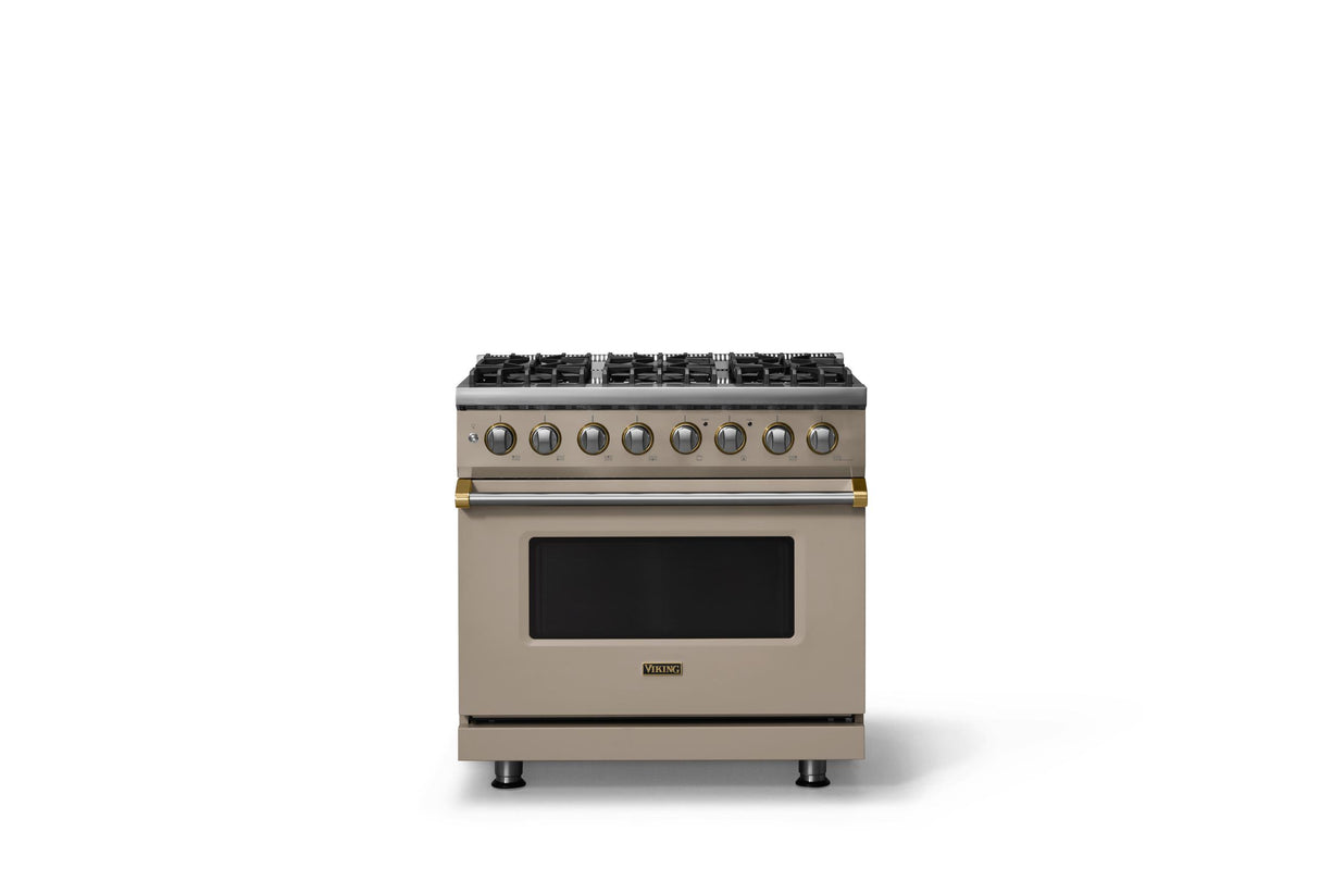 36"W. Dual Fuel Range (Burner: 6b, Finish: Nantucket, Trim: Brushed Brass, Fuel: Natural Gas)