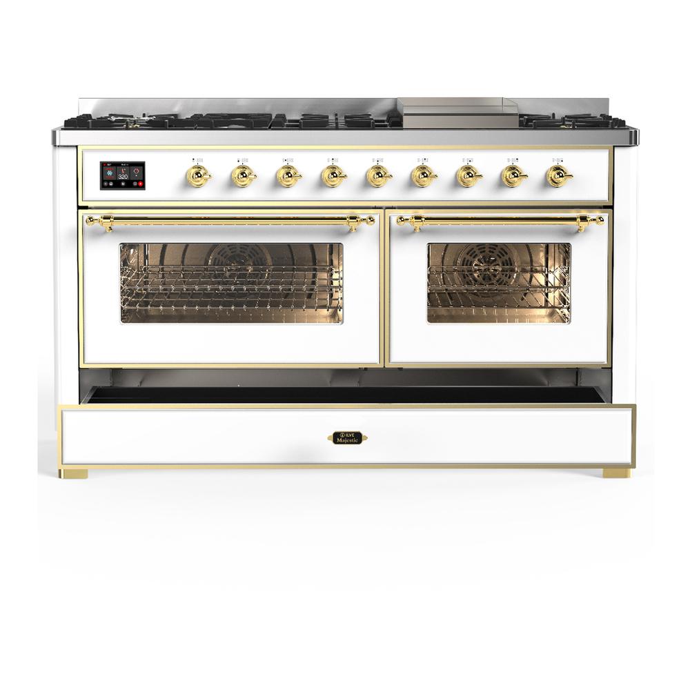 ILVE UM60FNR3WHGLP Majestic III 60 inch Dual Fuel Range with 9 Burners and Griddle, Dual Function Burner up to 25,000 BTU (Liquid Propane, Triple Glass Door, White, Brass)